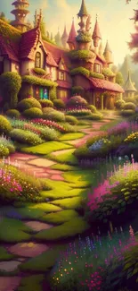 Enchanting fantasy garden with a magical cottage and colorful flowers.