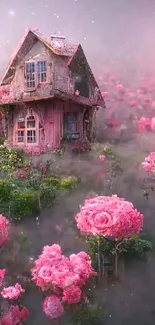 Enchanted cottage surrounded by pink roses and mist in a mystical setting.