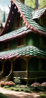 Enchanted cottage surrounded by a lush forest with green foliage.