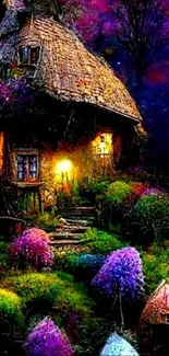 Enchanted cottage under a starry night with vibrant foliage.