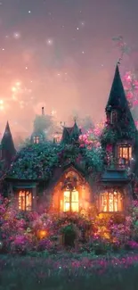 Magical cottage with glowing lights in a vibrant flower-filled forest at night.