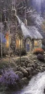 Enchanted forest cottage with stream mobile wallpaper.