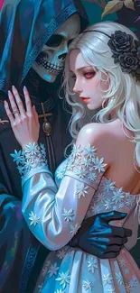 Fantasy artwork of a mystical couple embracing.