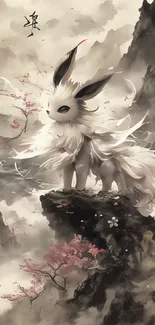 Fantasy creature on misty mountain peak with cherry blossoms.