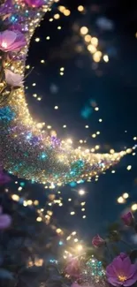 Crescent moon with glittering lights among flowers under a dark blue night sky.