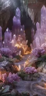 Magical crystal cavern with purple lights.