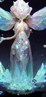 Luminous crystal fairy with glowing wings on a dark background.