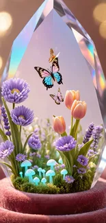 Butterflies and flowers inside a crystal art piece.
