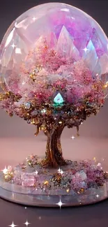 Enchanted tree with crystal leaves in pastel hues on a decorative stand.