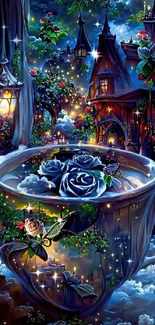 Enchanted teacup with roses and butterflies at night.