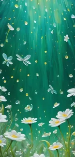Floral wallpaper with daisies and butterflies in a teal glow.