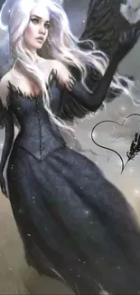 Ethereal dark angel with wings and moonlit background.