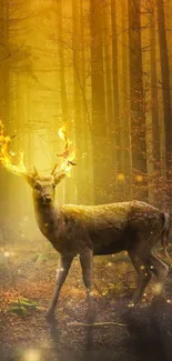 A deer with fiery antlers standing in an enchanted, glowing forest.