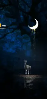 Deer gently illuminated by the moon in a mystical, dark blue forest.