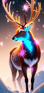 Glowing deer in a snowy winter landscape with vibrant colorful lights.