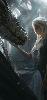 Woman gently touches dragon in enchanting scene.