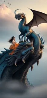 Enchanted scene with woman on dragon in artistic design.