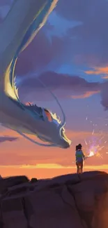 Dragon meets wanderer at sunset cliff, fantasy art wallpaper.