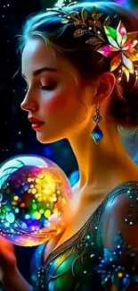 Mystical woman holding glowing orb in vibrant fantasy art.