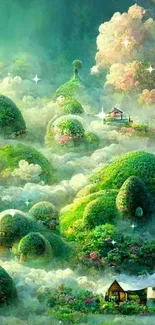 Whimsical green landscape with clouds and cottages in a fantasy setting.