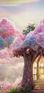 Whimsical tree house in a colorful fantasy forest under cotton candy clouds.