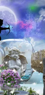 Fantasy wallpaper with cherub in a jar and cosmic sky.