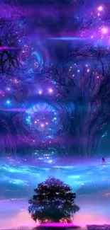 Magical landscape with stars and tree.