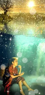 A girl sitting by a glowing waterfall under a sparkling night sky.