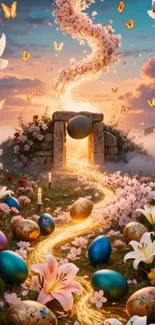 Enchanted Easter scene with eggs and flowers.