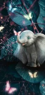 Cute elephant amidst glowing butterflies in a magical forest.