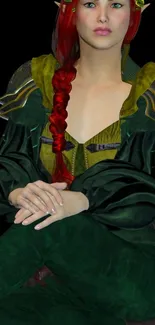 Fantasy elf with red hair in green attire, sitting gracefully.