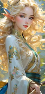 Illustration of an enchanting elven maiden in a fantasy setting.