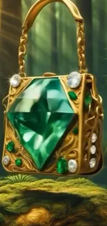 Golden bag with emerald in a mystical forest setting