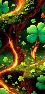 Magical clover path with glowing foliage in a mystical forest setting.