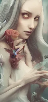 Ethereal woman with roses and butterflies in fantasy art style.