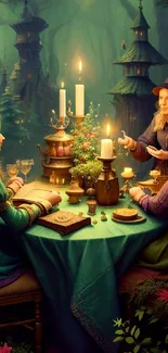 Enchanted magic gathering with candles and mystical women in the forest.