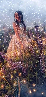 Woman in lavender field with fairy lights at dusk.