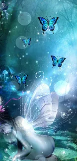 Mystical fairy and butterflies in a magical forest scene.