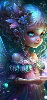 Magical fairy holding a glowing crystal in a fantasy setting.