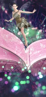 Fantasy wallpaper with fairy on glowing open book.