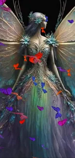 Ethereal fairy with wings and butterflies in vibrant magical scene.