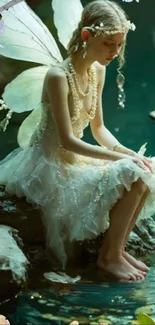 Fairy with wings sitting by water.