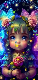 Magical fairy child with butterfly wings and flowers.