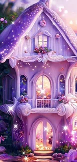 Enchanted purple fairy cottage with flowers.