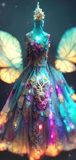 Fantasy fairy dress with glowing wings in vibrant colors.