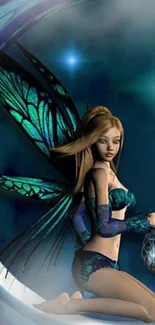 Fantasy wallpaper with fairy and teal wings.