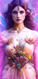 Enchanting fairy with golden wings in a mystical fantasy setting.