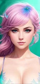 Vibrant fantasy fairy art in teal tones with pink hair and mystical elements.