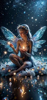 Enchanting fairy with glowing wings in a magical, star-filled fantasy scene.