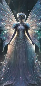 Ethereal fairy with luminous wings in a fantasy setting.